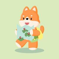 A Shiba Inu dog wearing a backpack, holding a map, and walking forward, ready for an adventure. This image represents the spirit of exploration and travel. vector