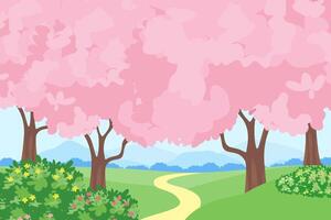 A illustration capturing the essence of spring with rolling hills and soft pink trees in full bloom. vector