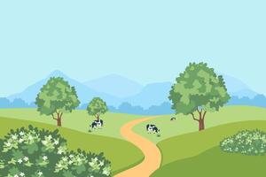 illustration of green rolling hills dotted with trees and towering mountains in the distance. vector