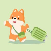 A Shiba Inu dog excitedly holding a large suitcase and walking forward, symbolizing the excitement of preparing for a journey. vector
