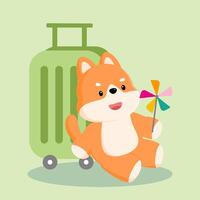 A Shiba Inu dog sitting next to a suitcase, holding a colorful windmill in its paws, creating a fun, vibrant travel vibe. vector