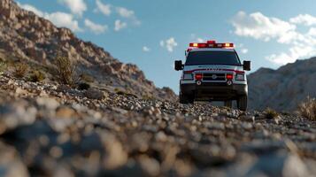 A red and white ambulance is parked on a rocky hillside photo