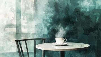 A steaming cup of coffee rests on a plate at an empty table, surrounded by softly glowing light and a calming teal background, creating a peaceful ambiance photo
