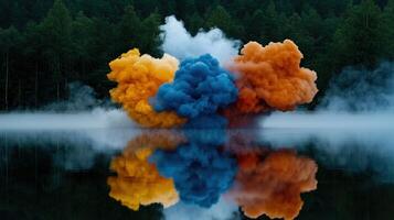 A large cloud of smoke is reflected in the water photo