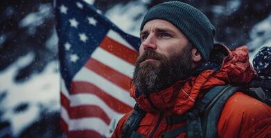 A bearded man with an american flag on his back photo
