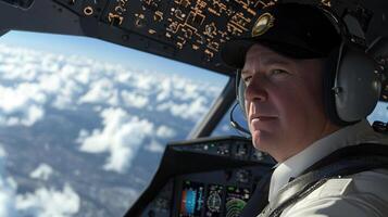 A man in a pilot's uniform is sitting in the cockpit of a plane photo