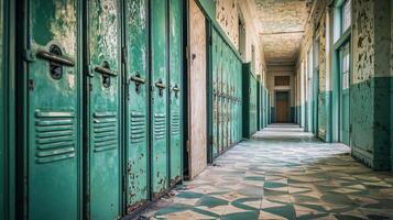 An old school hallway with green lockers photo