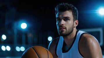 A man holding a basketball in a dark arena photo