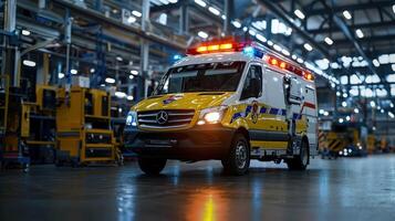 A Mercedes van with a red and yellow light on the front photo