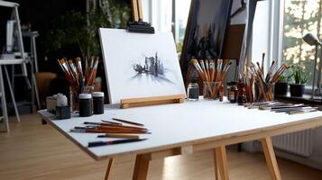 A table with a painting on it and many paint brushes photo