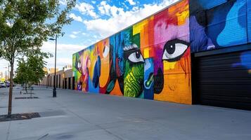 A colorful mural of faces is painted on the side of a building photo