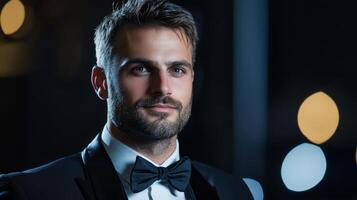 A man in a tuxedo with a bow tie photo