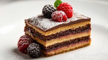 A slice of cake with chocolate frosting and raspberries on top photo