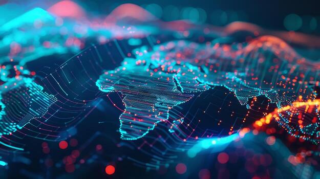 A computer generated image of the world with a blue and red color scheme photo