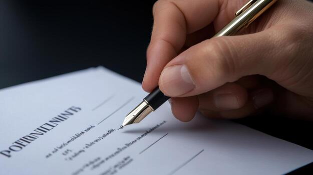 A person signing a document with a pen photo