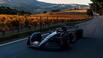 A black race car is driving down a road with a vineyard in the background photo