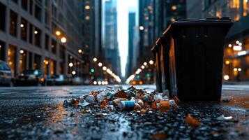 A trash can is on the street with garbage in it photo