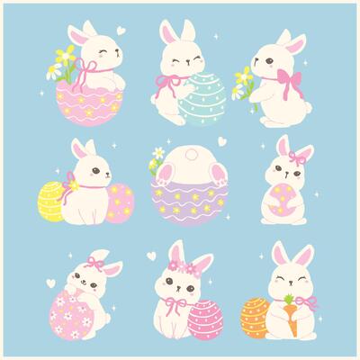 Coquette Easter Bunny with Egg Whimsical Rabbit Cartoon Flat design Set