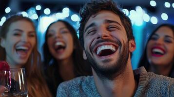 A group of people laughing and drinking wine photo