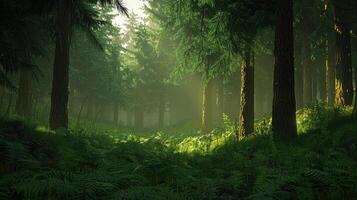 Sunlight streams through towering trees, illuminating a serene forest glade rich with vibrant ferns and moss. The atmosphere is peaceful, inviting exploration and contemplation photo