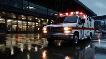 A red and white ambulance is parked outside in the rain photo