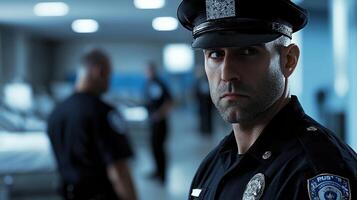 A police officer standing in a hospital hallway photo