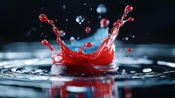 Red liquid splash on black background photo
