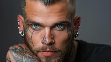 A man with tattoos on his face and blue eyes photo