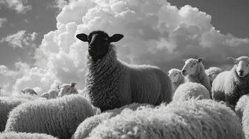 A group of sheep is grazing in a pasture, with one distinct black sheep standing out among the white ones. The sky is filled with fluffy clouds, creating a serene atmosphere photo