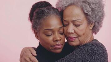 Two women, one older and one younger, embrace each other gently with eyes closed, sharing a tender moment that highlights their love and connection in a serene atmosphere photo