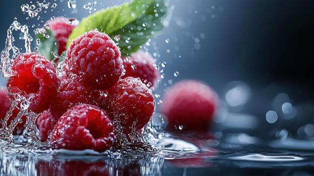 Raspberries are splashing water on a black background photo