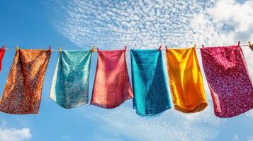 A line of colorful towels hanging on a clothesline photo