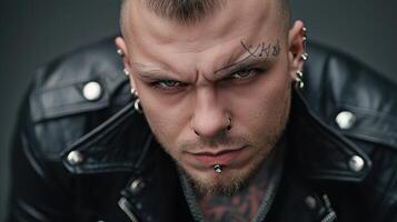 A man with tattoos on his face and a black leather jacket photo