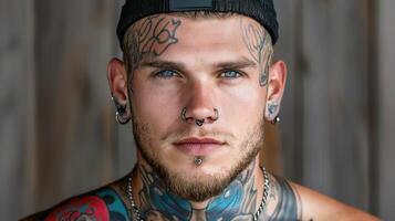 A man with tattoos on his chest and a hat photo