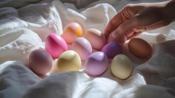 A hand is reaching for a bunch of eggs photo