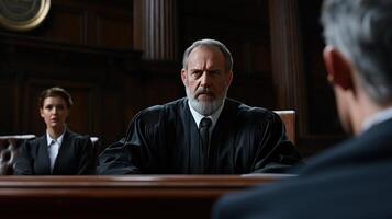 A man in a black robe sits at a bench in a courtroom photo