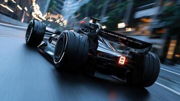 A racing car driving down the street at night photo
