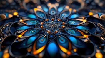 A beautiful flower with blue and gold designs photo