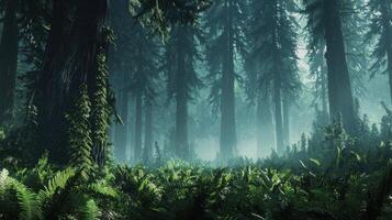 A forest with tall trees and ferns photo