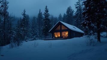 A cabin in the woods at night photo