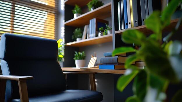 A black office chair sits in front of a desk with a potted plant and a bookshelf photo