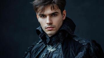 Portrait of handsome young man in black clothes with a black jacket and a black collar photo