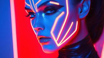 A woman with neon makeup and neon lights photo