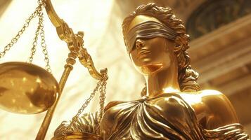 A gold statue of lady justice holding a scale photo