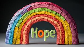 Hope word in rainbow colored clay sculpture on dark background photo