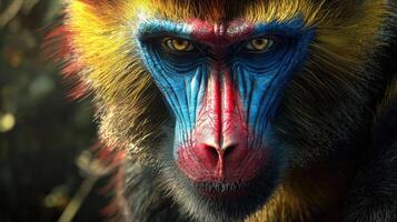 Vividly colored baboon showcasing its distinctive blue, red, and yellow facial features while resting in a lush jungle setting during daylight photo