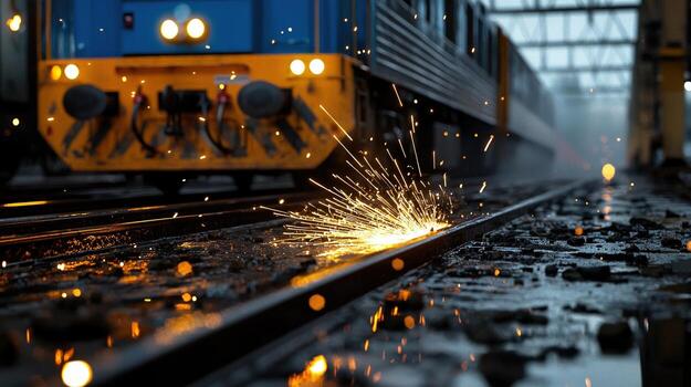 A train is driving on the tracks with sparks photo