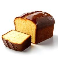 Delicious pound cake with glossy glaze and a neatly sliced portion photo