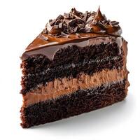 Decadent chocolate layer cake slice topped with ganache and shavings photo
