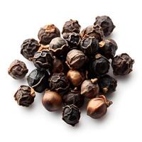 Pile of fresh aromatic whole black peppercorns on white background photo